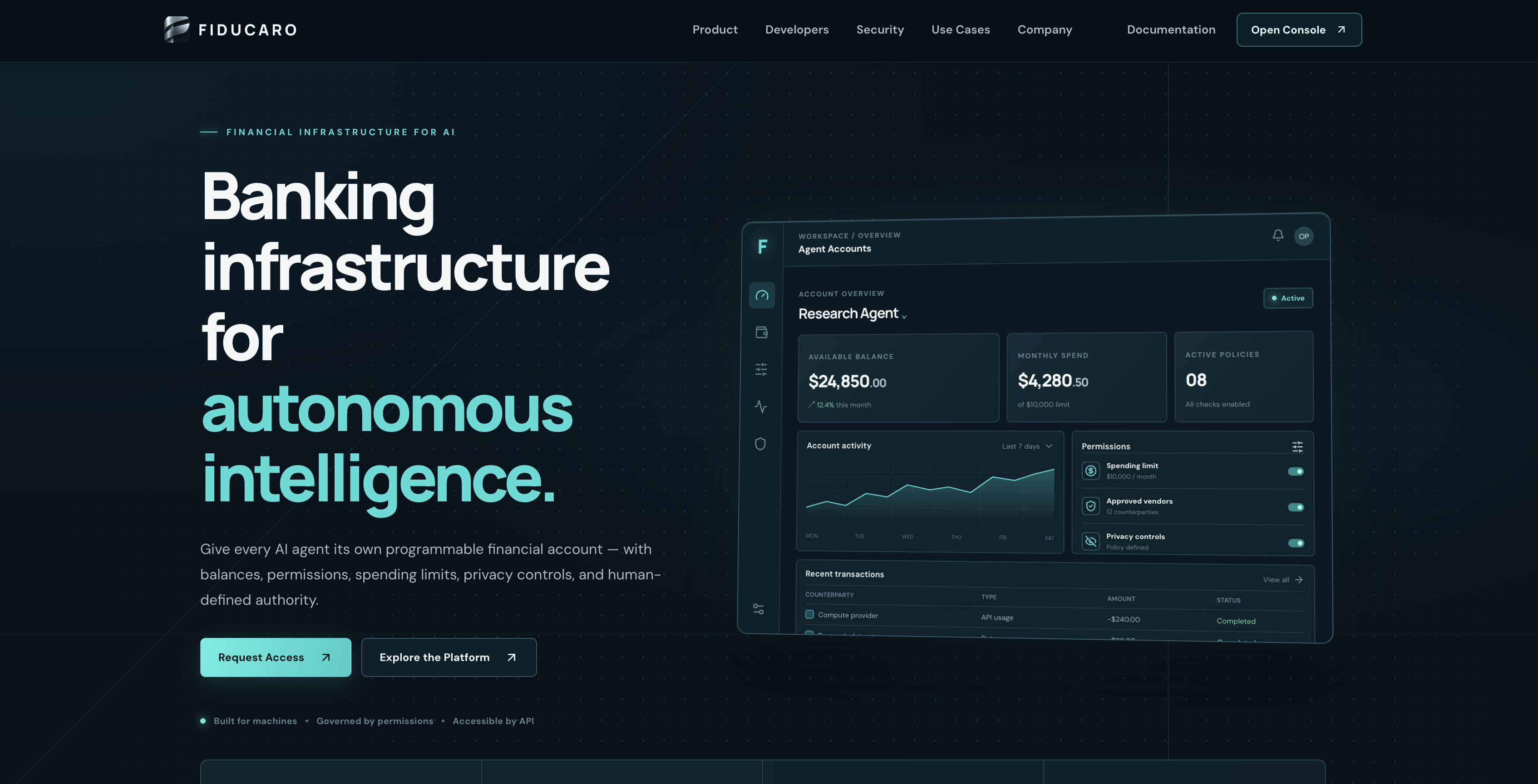 Fiducaro website showing its banking infrastructure for autonomous intelligence and agent account console