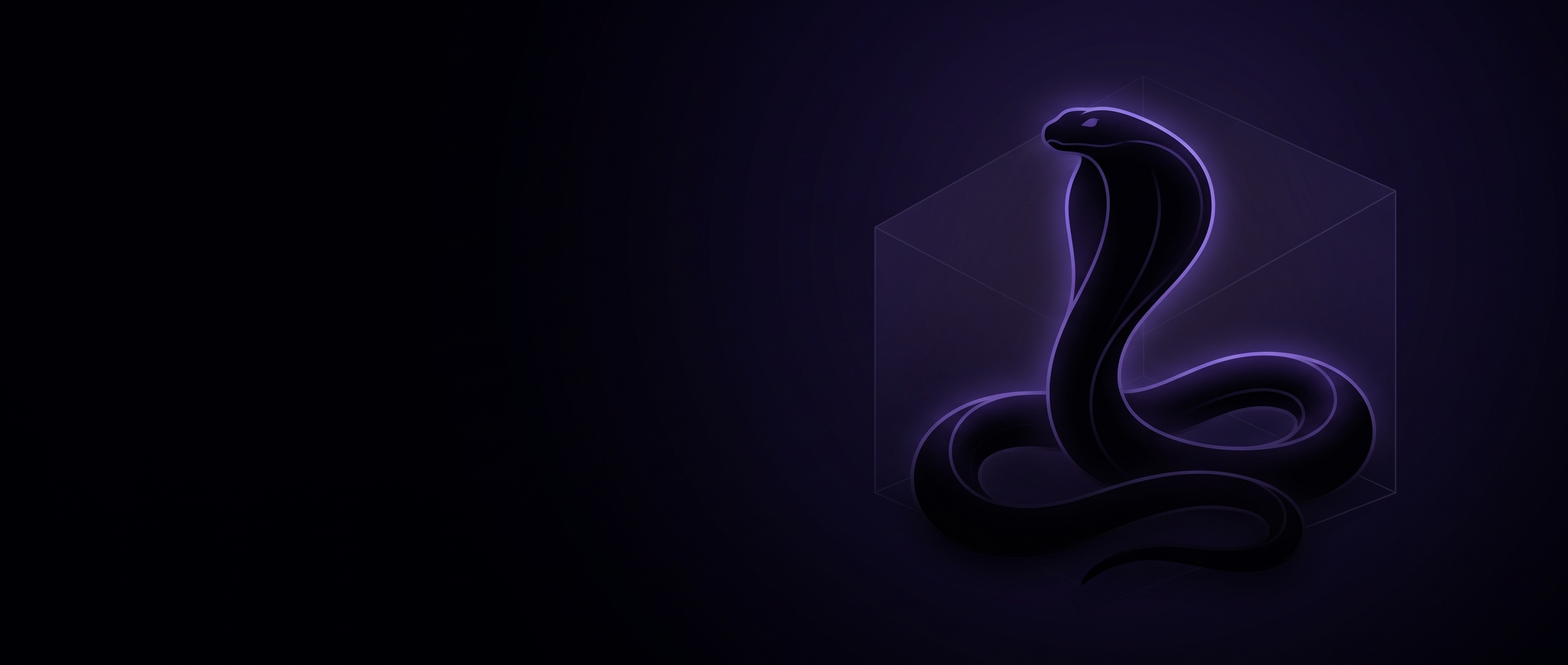 A violet line drawing of a cobra within a subtle geometric frame on a dark background